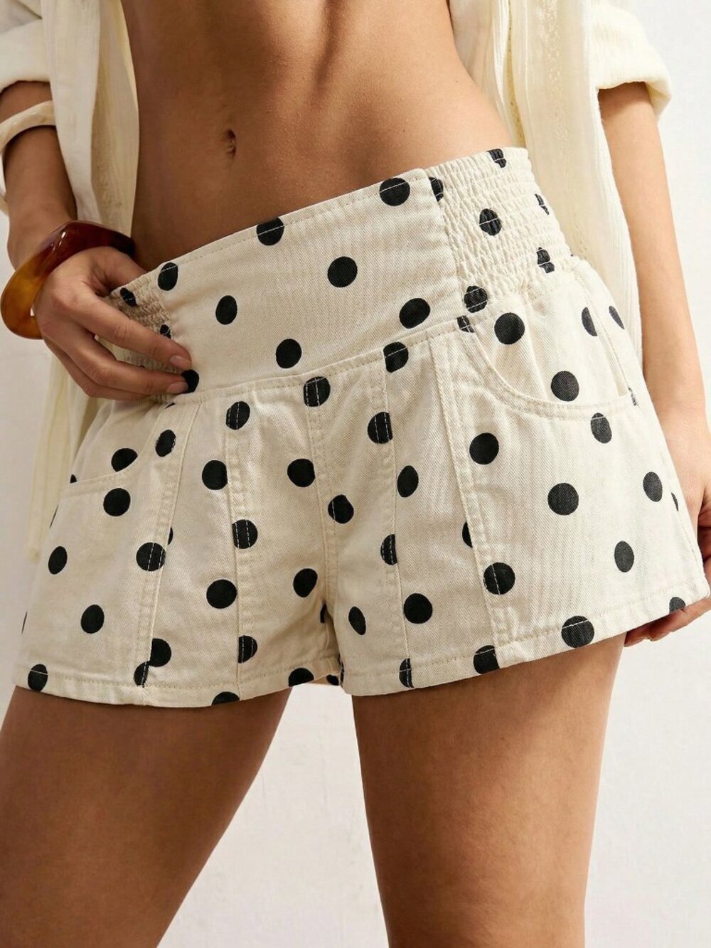 Black And White Casual Women's Denim Shorts With Polka Dot Pattern